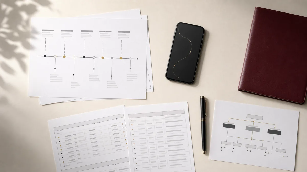 An incident timeline, file list and phone arranged on a desk