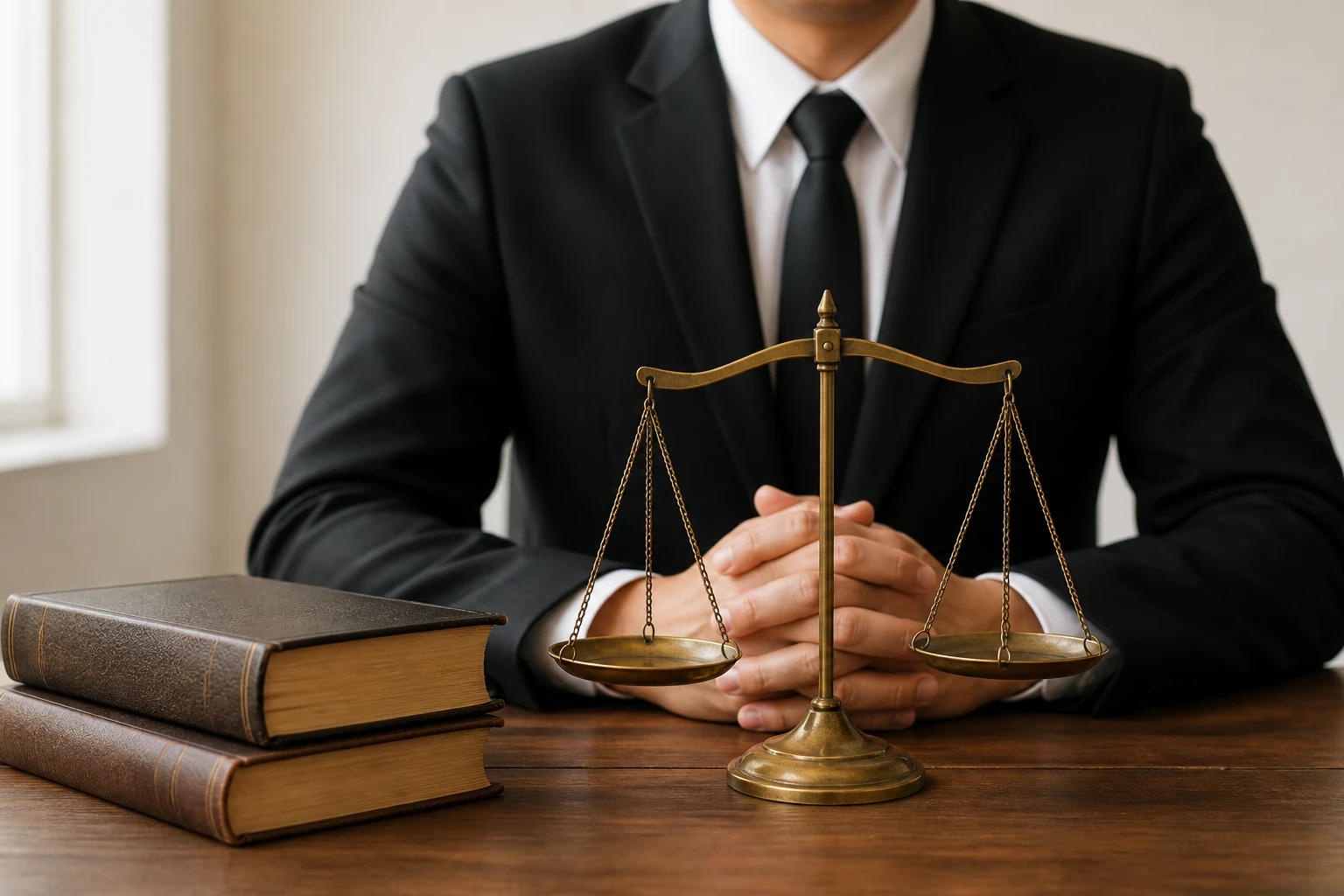 A suited person with law books and a balance scale