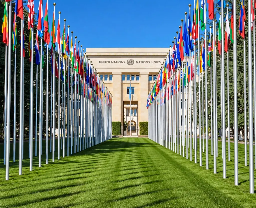 National flags outside the Palais des Nations in Geneva